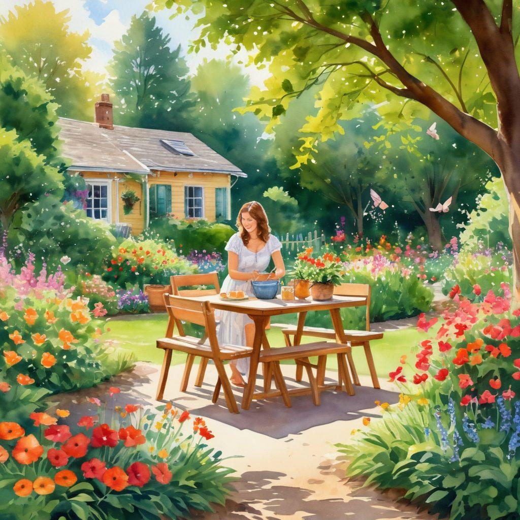 A serene outdoor scene where a woman named Shelly is joyfully tending to a vibrant garden, surrounded by blooming flowers and butterflies. Soft sunlight filters through lush green trees, casting gentle shadows. In the background, there's a cozy picnic setup with inviting refreshments, symbolizing everyday joy. The atmosphere radiates a sense of peace and happiness, inviting viewers to embrace life's simple pleasures. watercolor painting. warm colors.