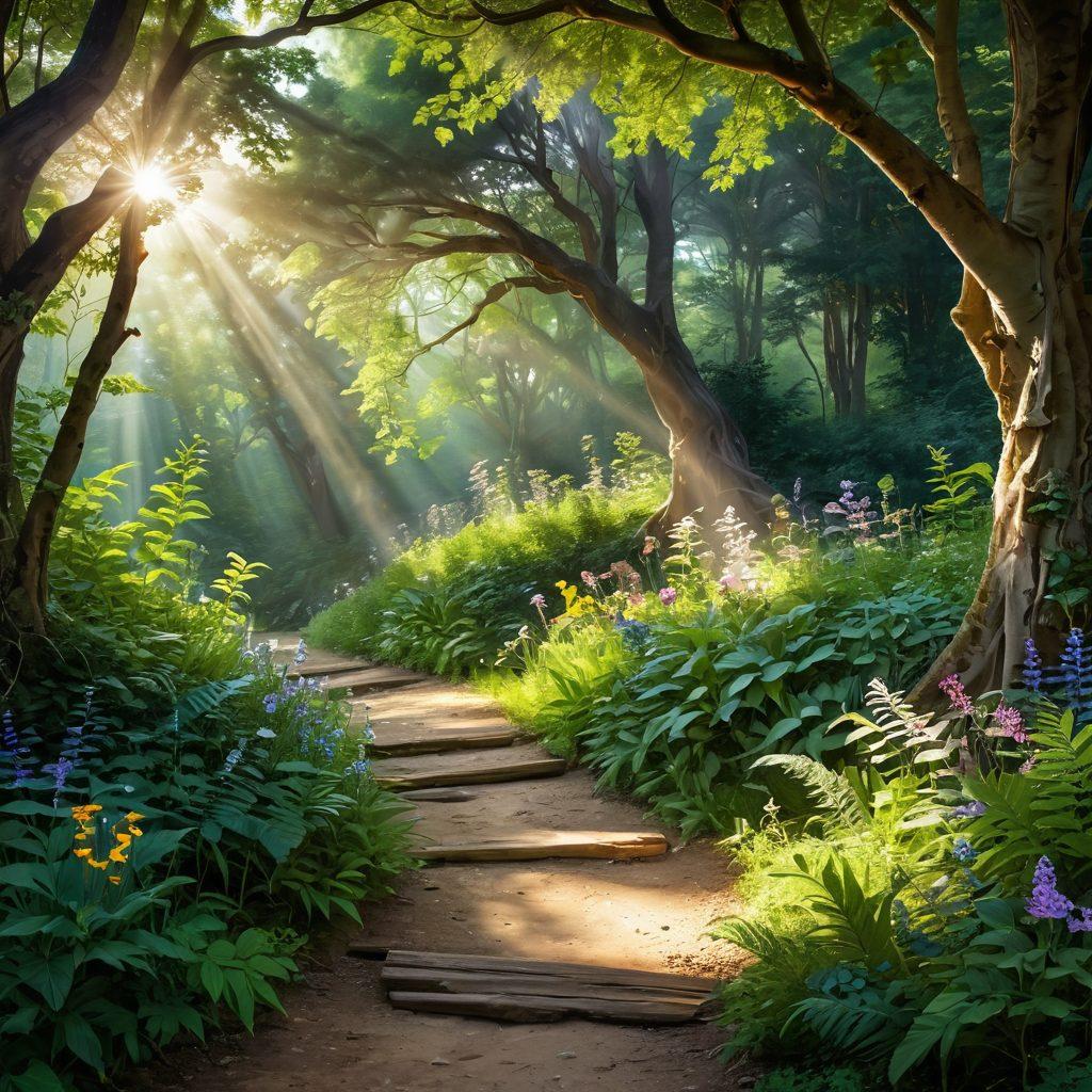 A serene pathway winding through a lush green forest, with rays of sunlight filtering through the leaves, symbolizing a journey towards happiness. Along the path, vibrant wildflowers bloom and a cheerful character resembling Shelly smiles and points towards a radiant sun. Birds are singing in the background, and a rainbow arches above, enhancing the feeling of joy. The scene should evoke warmth, positivity, and tranquility. super-realistic. vibrant colors. lush greenery.