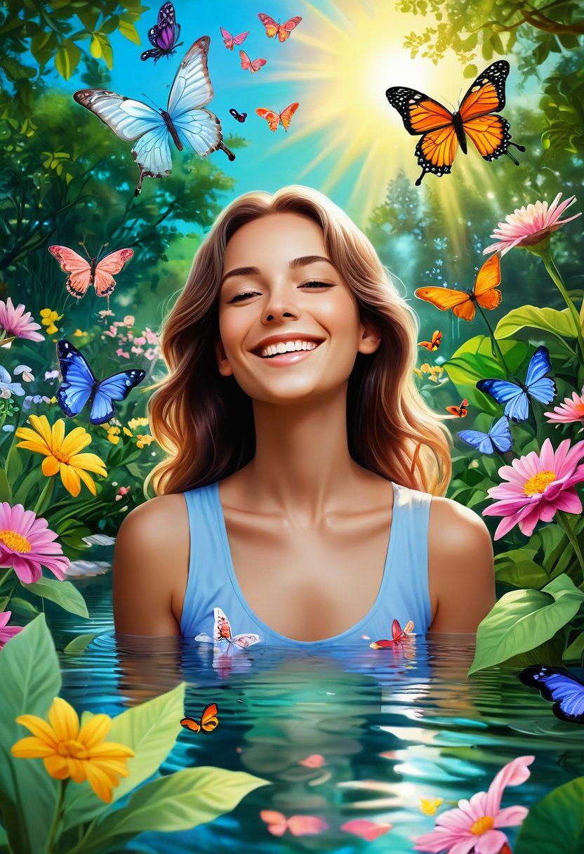 A vibrant scene depicting Shelly exploring a lush, sunlit garden filled with colorful flowers, butterflies, and a serene pond. She radiates joy and exuberance as she interacts with nature, surrounded by symbols of happiness like smiling sun and floating musical notes. Soft pastel colors and a dreamy atmosphere create a sense of tranquility and positivity. vector art. vibrant colors. whimsical style.
